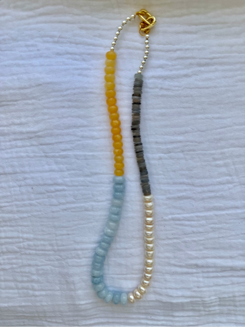 Anthropologie Blue, Yellow, Gray and Pearl Beaded Necklace